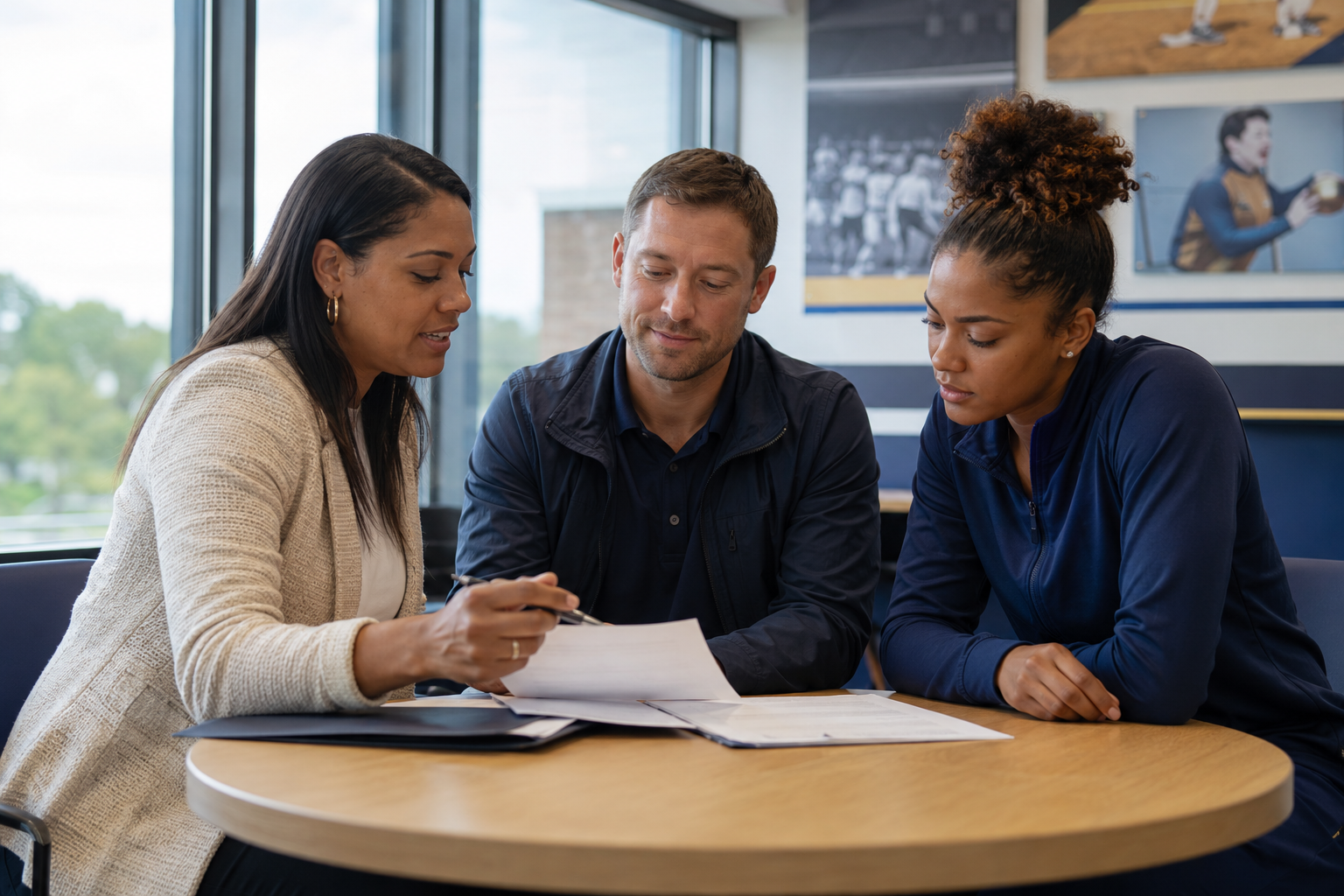 NIL agent and sports attorney guiding a student-athlete through a fictional agreement
