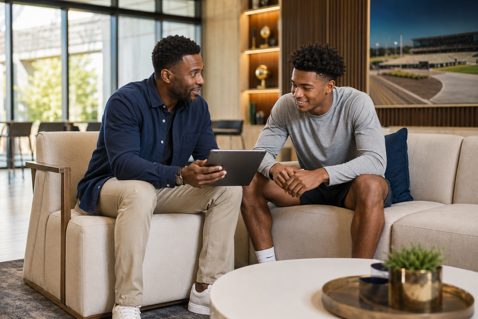 Casually dressed NIL agent talking with a college student-athlete in an athletics campus lounge