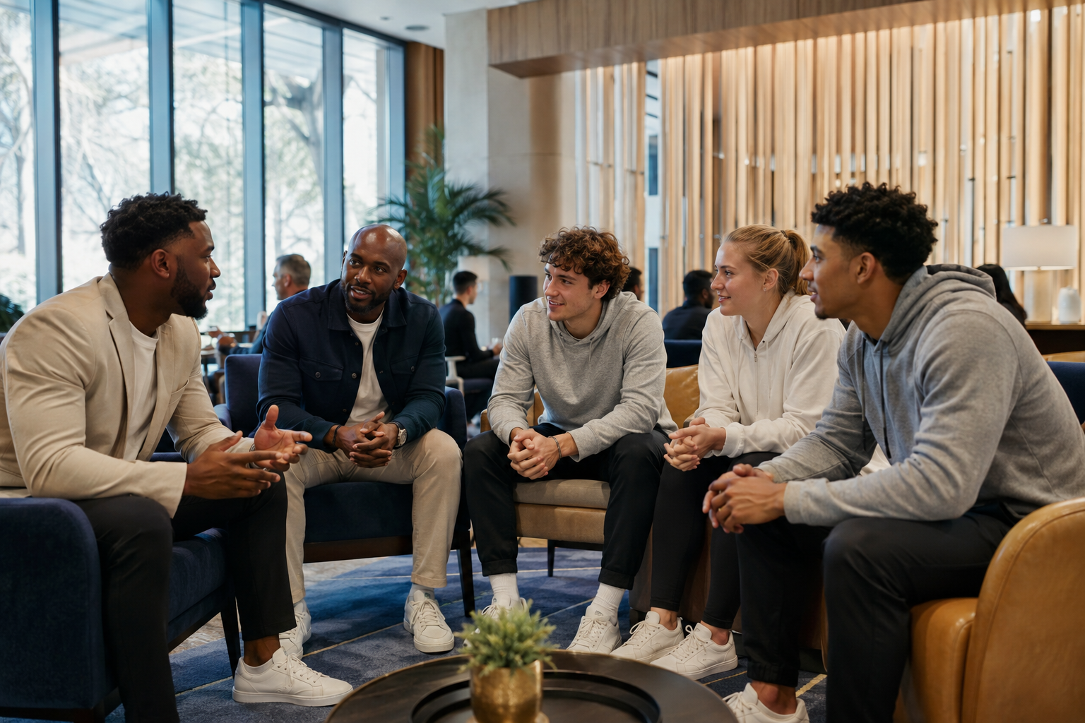 Casually dressed NIL agents and college student-athletes networking in a summit lounge