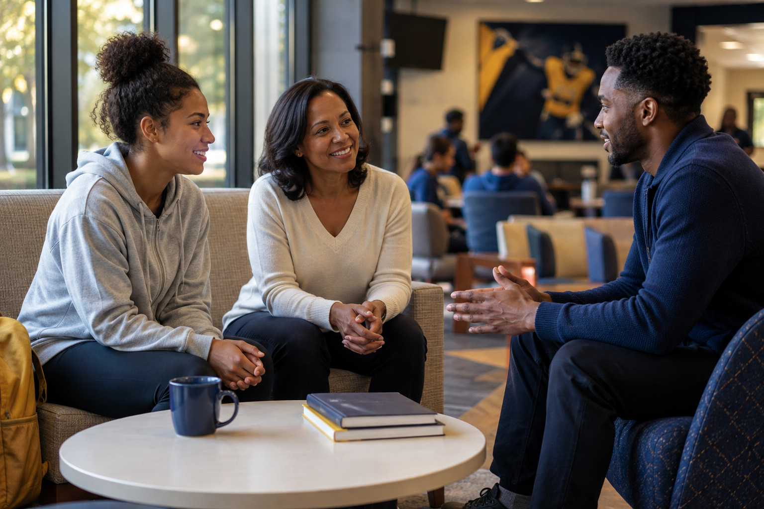 Student-athlete and parent speaking with a casually dressed NIL agent